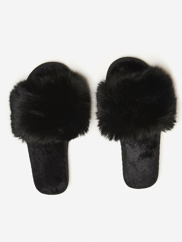 Cosy Faux Fur Luxe Slippers, Black, large