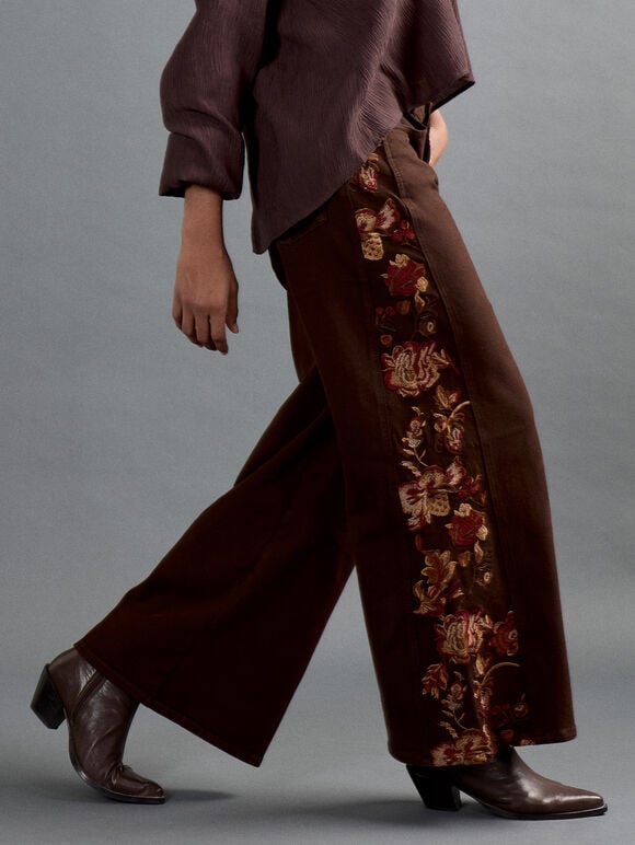 Floral Embroidered Wide-Leg Jeans, Orange, large