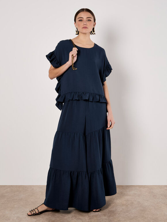 Navy Ruffle Trim Woven Top & Trouser Co-ord, , large