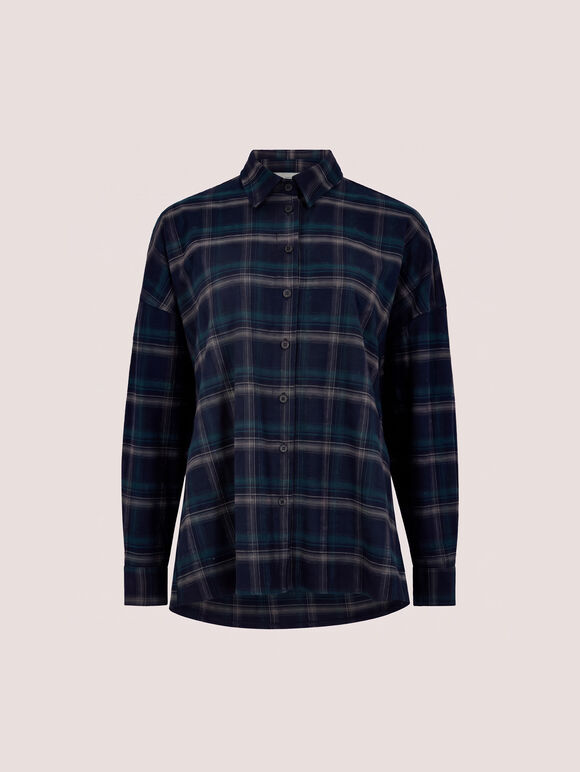 Oversized Check Print Shirt, Navy, large