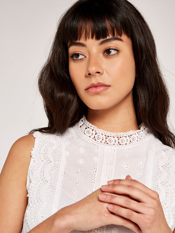 Broderie High Neck Top, Cream, large