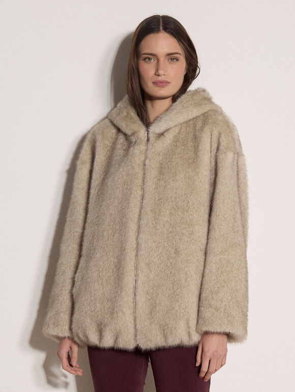 Soft Faux Fur Hooded Jacket, Grey, large