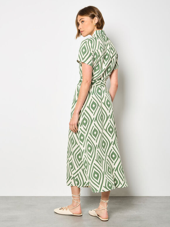 Geo Print Shirt Midi Dress, Green, large