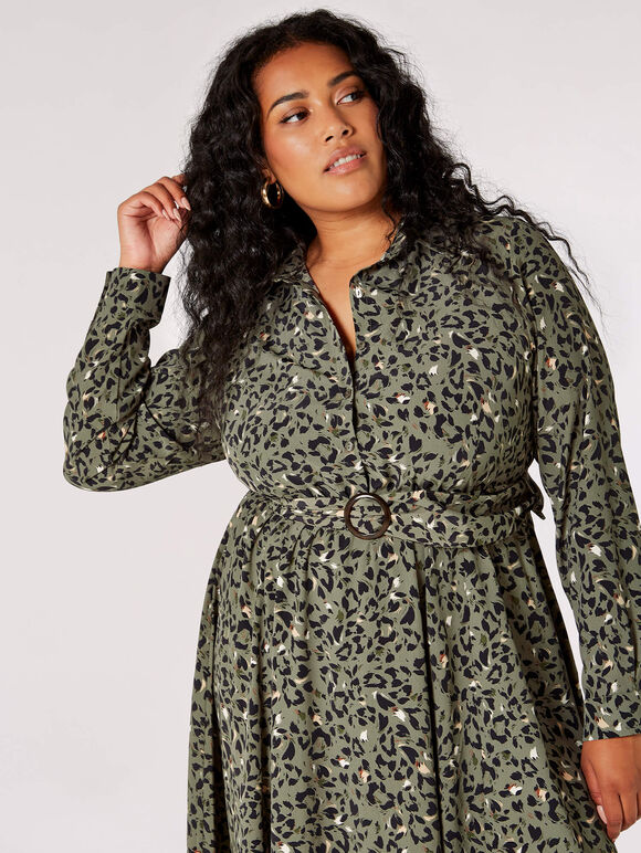 Curve Animal Print Midi Dress, Khaki, large