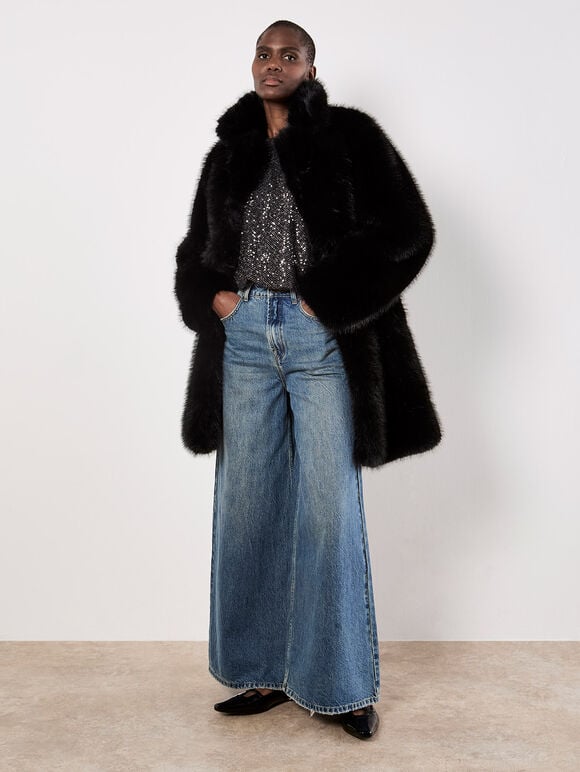 Faux Fur Longline Coat, Black, large