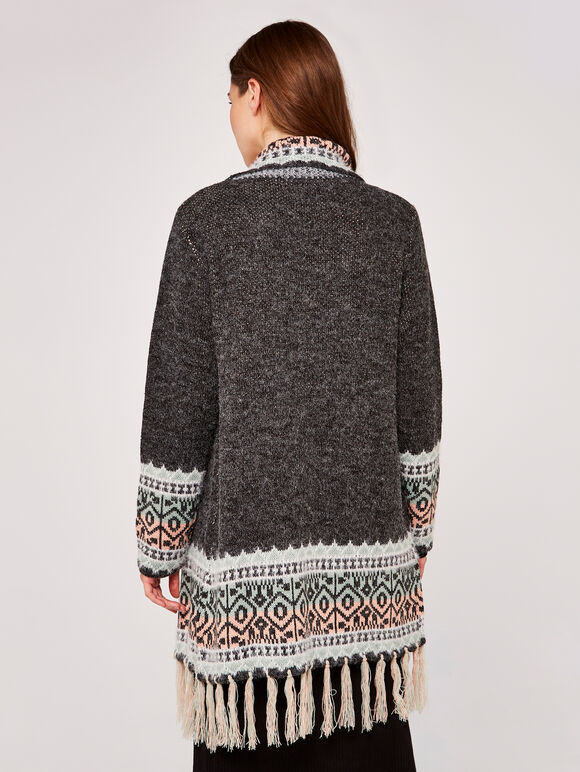 Fairisle Fuzzy Fringed Cardigan, Black, large