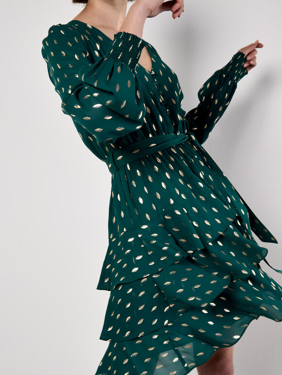 Gold Foil Spot Tiered Mini Dress, Green, large