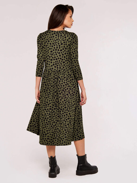 Painterly Dot Midi Dress, Khaki, large