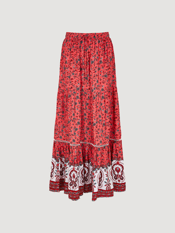 Sarasa Floral Tiered Maxi Skirt, Red, large