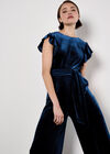 Wide Leg Velvet Ruffle Jumpsuit, Navy, large