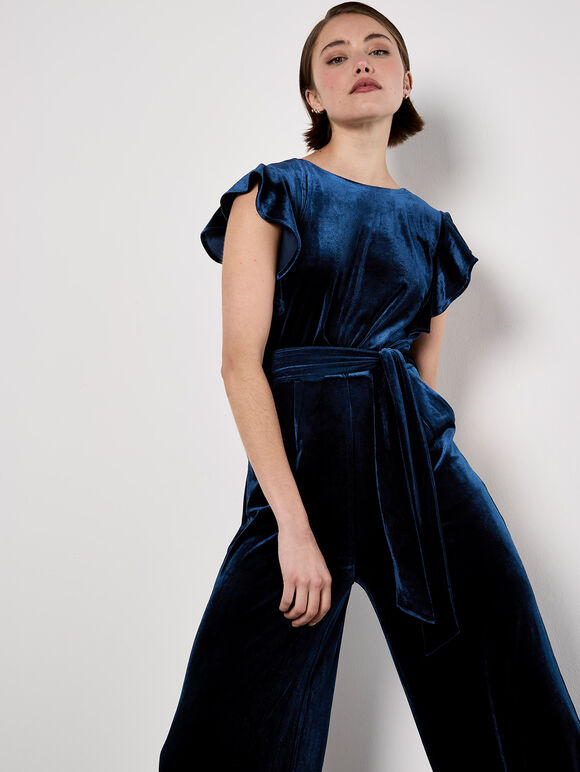 Wide Leg Velvet Ruffle Jumpsuit, Navy, large