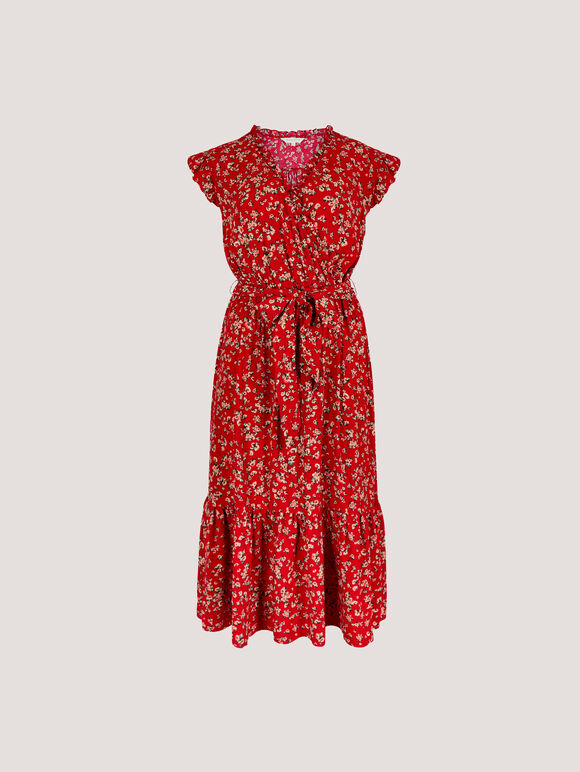 Floral Frill Wrap Midi Dress, Red, large