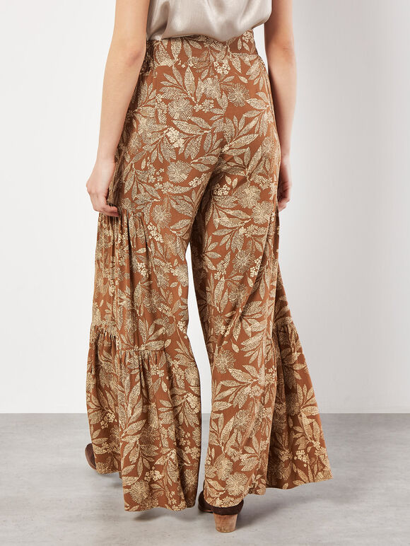 Batik Leaves Tiered Wide-Leg Trousers, Rust, large