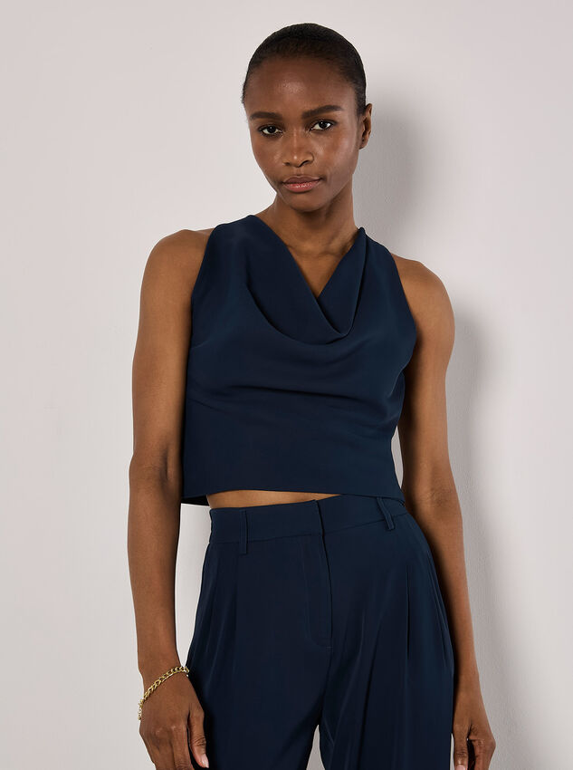 Sleeveless Cowl Neck Crop Top, Navy, large