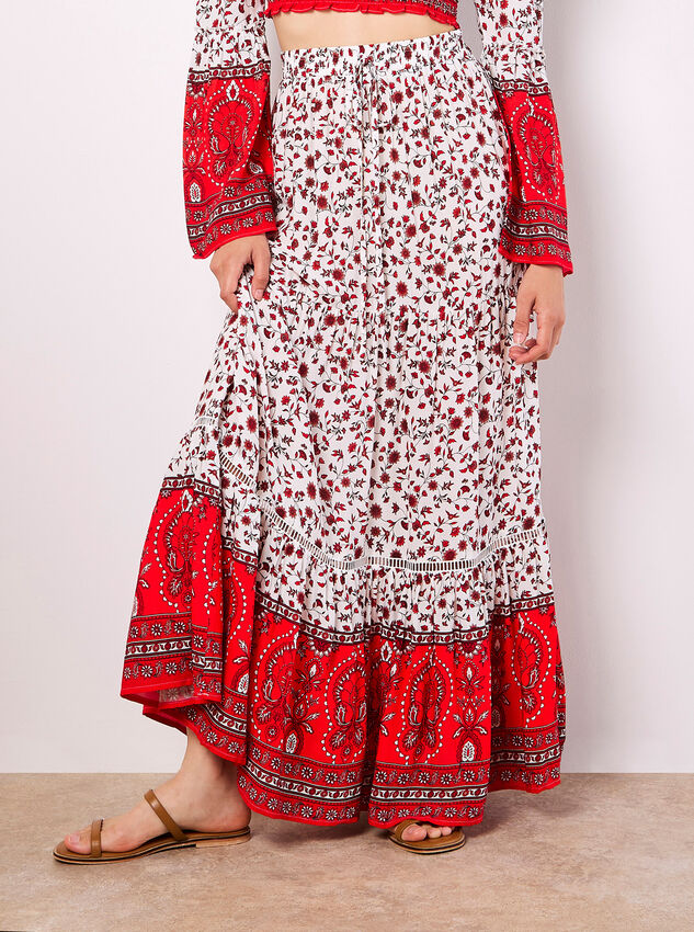 Sarasa Floral Tiered Maxi Skirt, White, large
