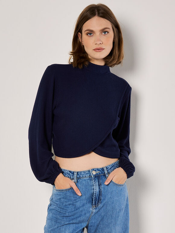 Waffle Knit Wrap Top, Navy, large