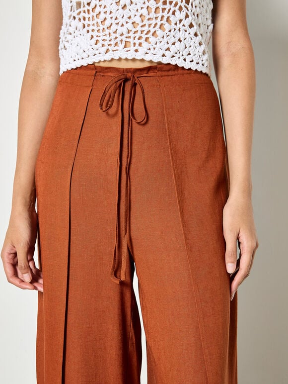 Linen Blend Wrap Wide-Leg Trousers, Rust, large