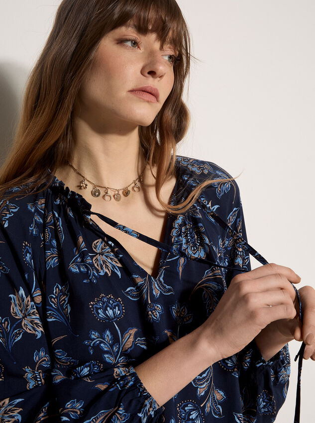 Folk Floral Blouse, Navy, large