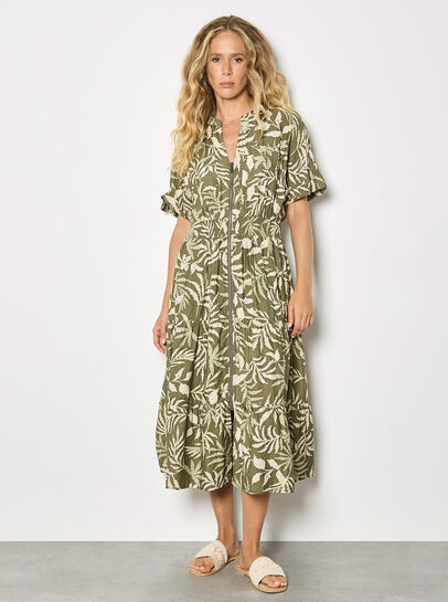 Tropical Leaf Zip-Down Midi Dress