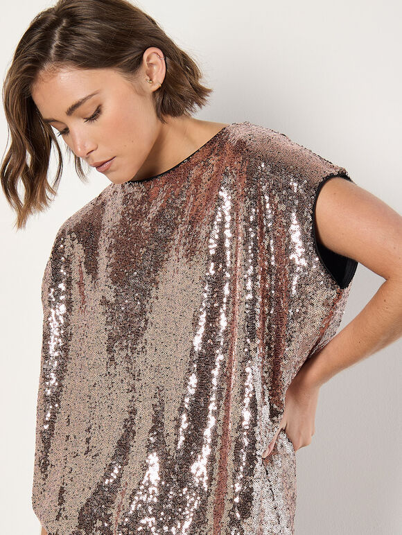Sequin Cocoon Top, Brown, large