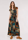 Patchwork Smocked Maxi Dress, Brown, large