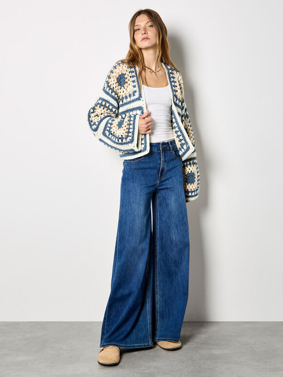 Hand-Knit Crochet Squares Cardigan, Cream, large