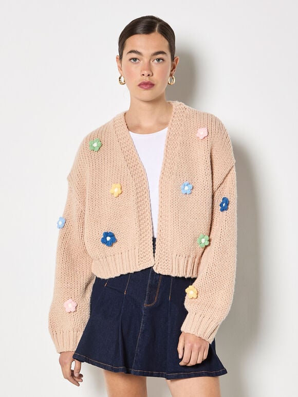 Applique Daisies Chunky Knit Cardigan, Stone, large