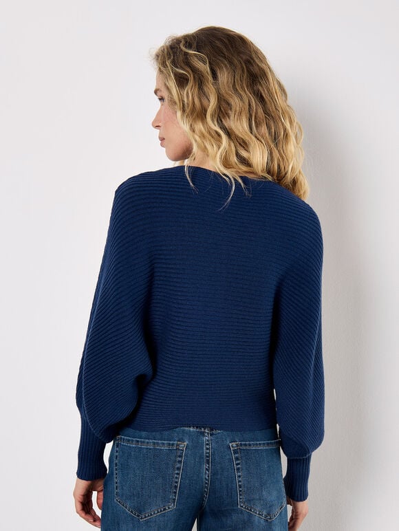 Batwing Ribbed Knit Crop Jumper, Blue, large