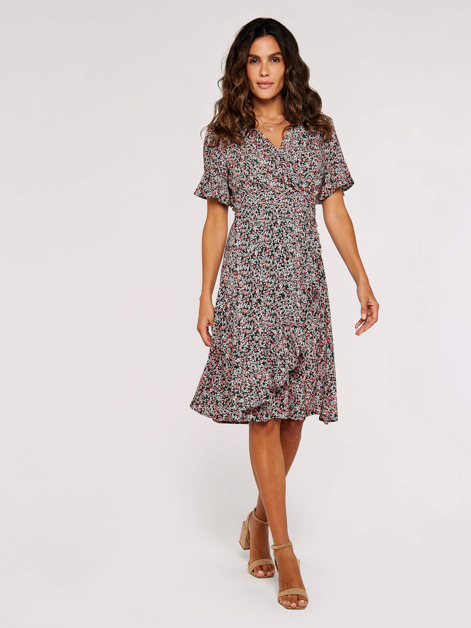 Ditsy Ruffle Wrap Mini Dress Apricot Clothing