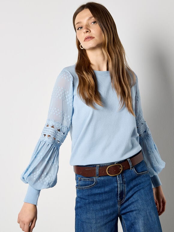 Contrast Chiffon Sleeves Jumper, Sky Blue, large