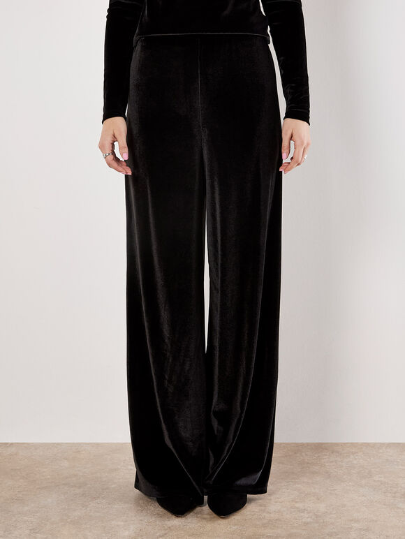 Wide Leg Velvet Trousers, Black, large
