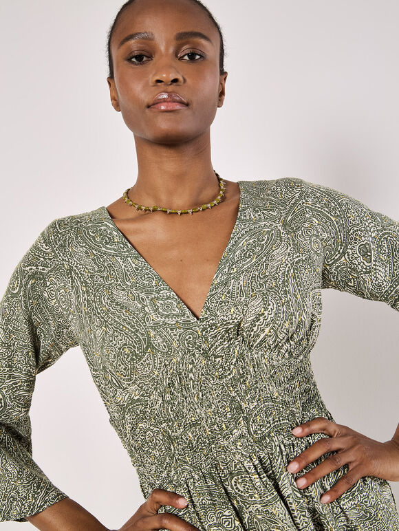 Metallic Dobby Paisley Mini Dress, Khaki, large