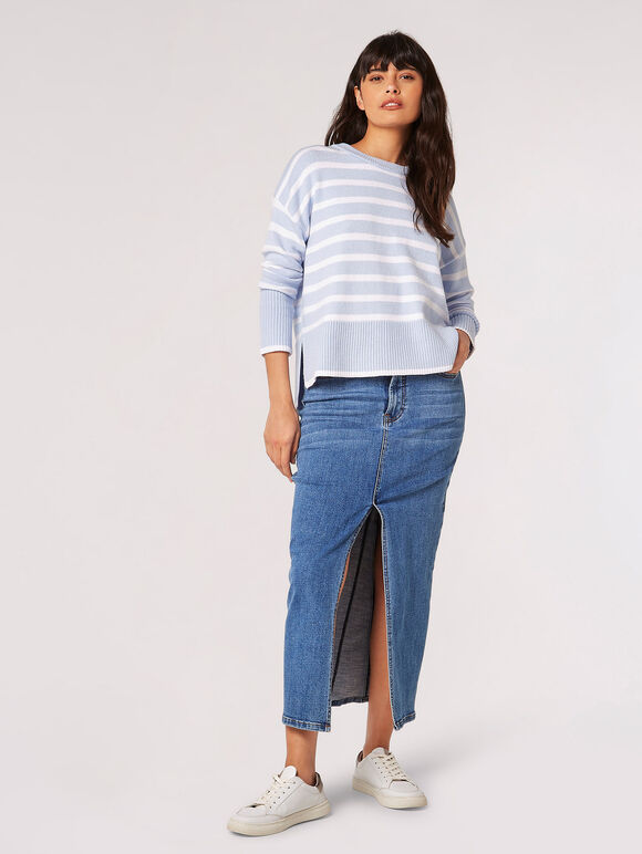 Split Hem Stripe Knitted Jumper, Blue, large
