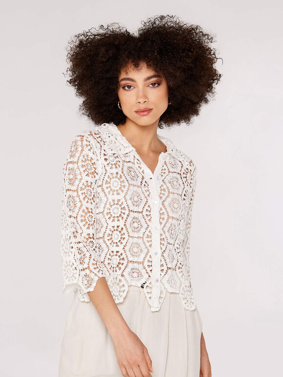 Crochet Geometric Shirt, White, large