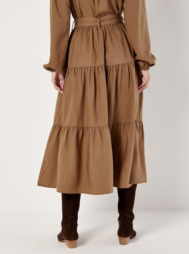 Belted Tiered Maxi Skirt, Brown, large