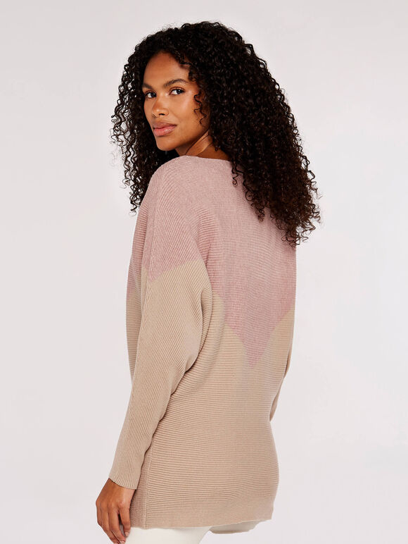Chevron Ribbed  Batwing Jumper, Pink, large