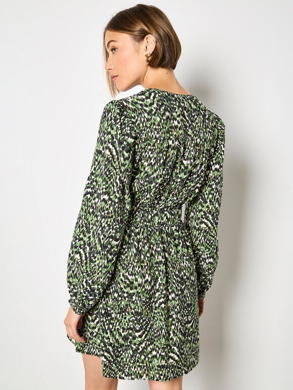 Animal Ikat Print Drawstring Mini Dress, Green, large
