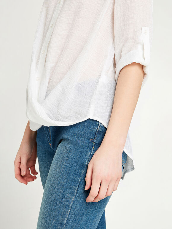 Drape Cross Over Long Sleeve Shirt, Cream, large
