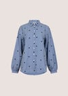 Heart Embroidered Stripe Cotton Shirt, Blue, large