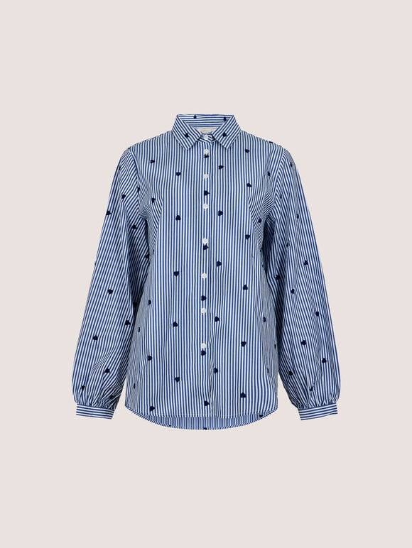 Heart Embroidered Stripe Cotton Shirt, Blue, large