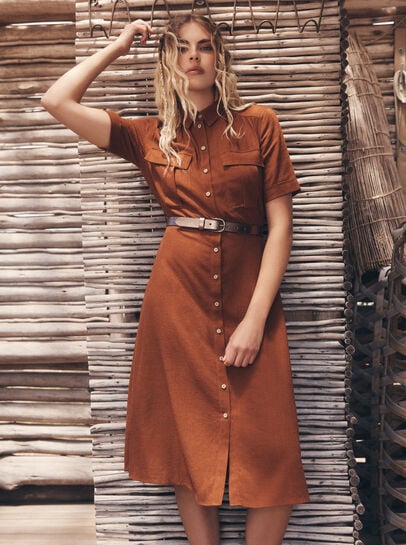Linen Blend Utility Shirt Midi Dress