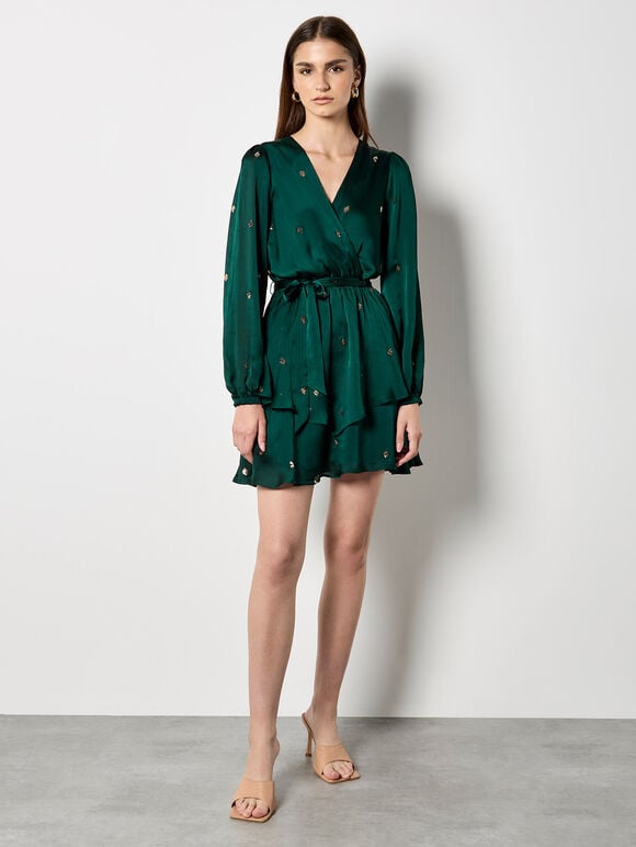 Sequin Spot Satin Wrap Mini Dress, Green, large