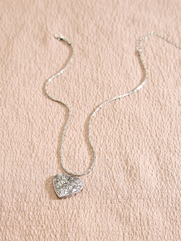 Silver Tone Floral Heart Necklace, Silver, large