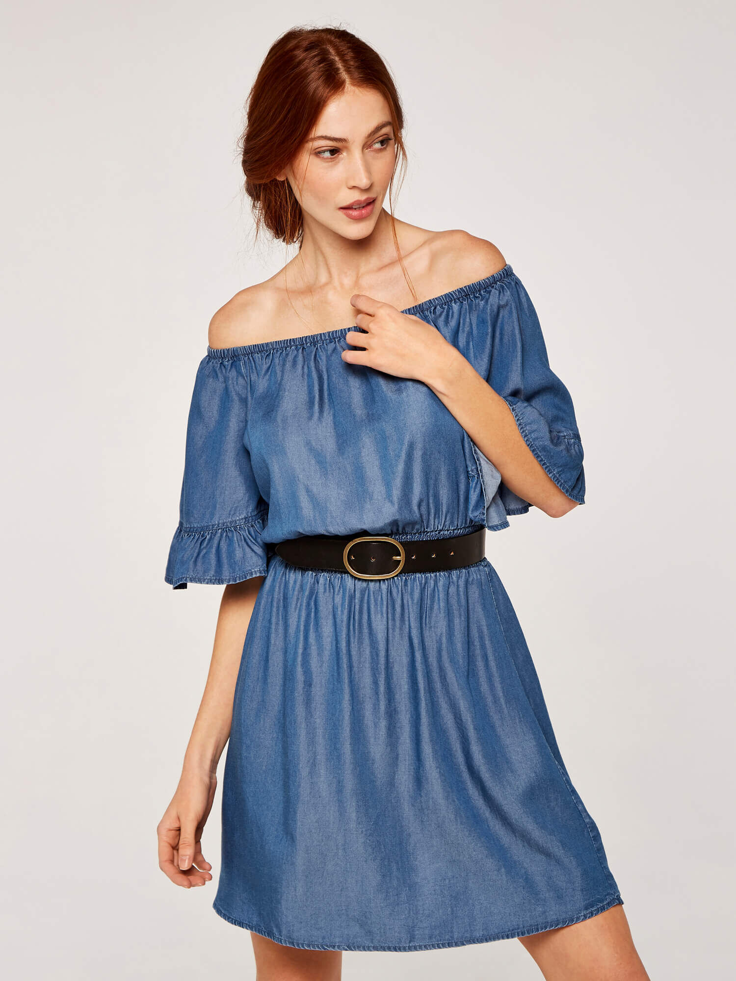 Chambray Bardot Dress | Apricot UK