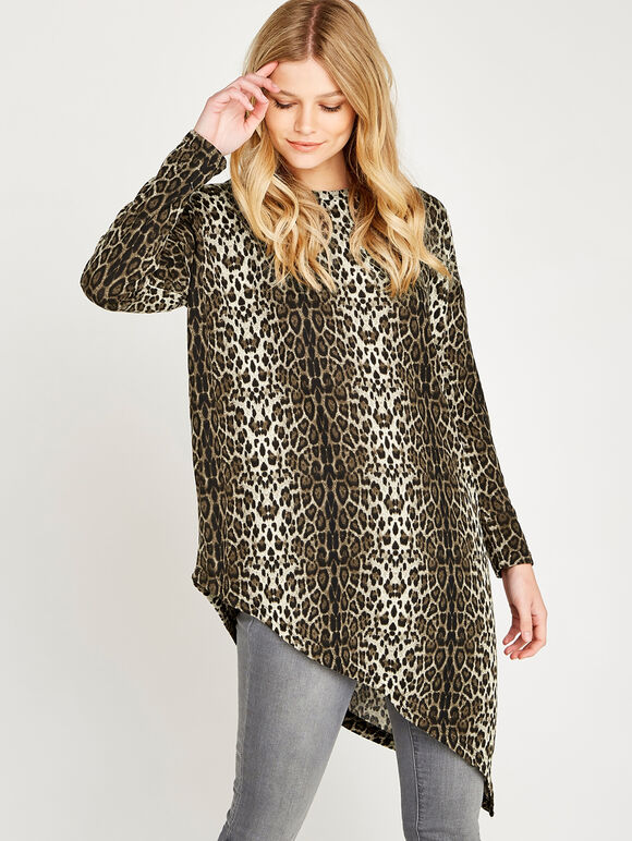 Brown Leopard Asymmetric Hem Top, Brown, large