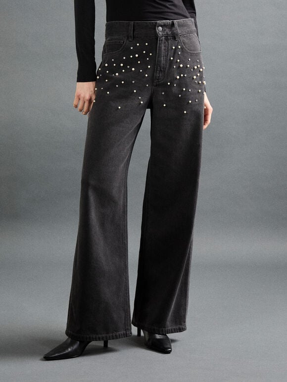Faux Pearl & Rhinestone Maca Jean, Black, large
