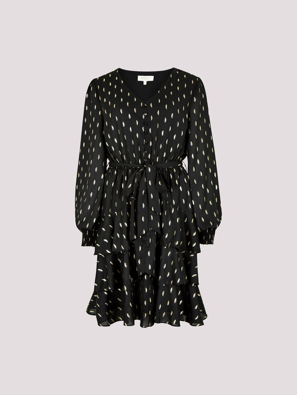 Gold Foil Spot Tiered Mini Dress, Black, large