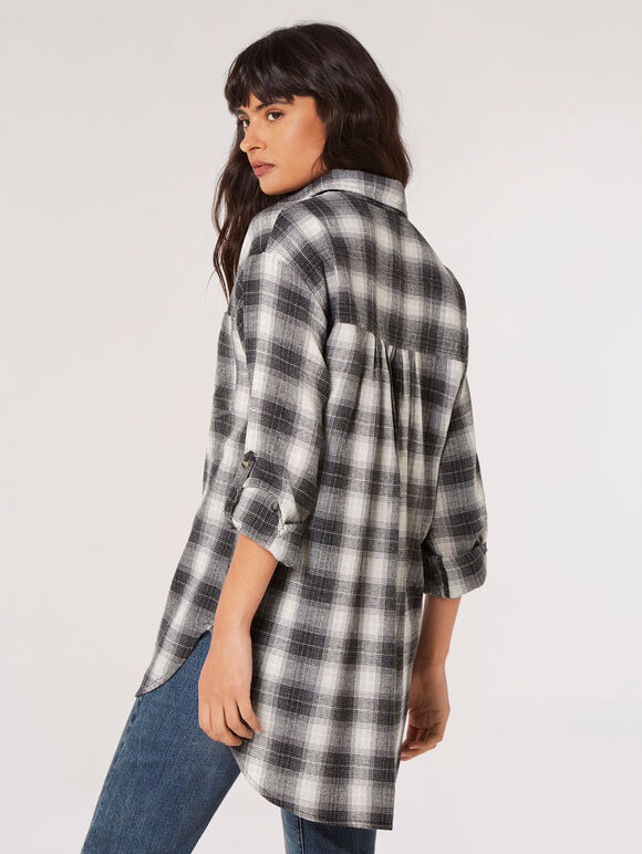 Cotton Blend Oversized Check Shirt, Grey, large