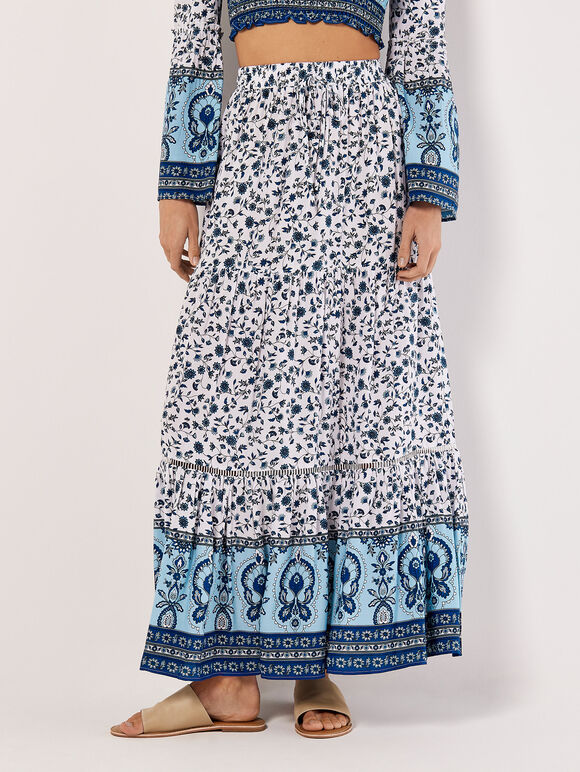 Sarasa Floral Tiered Maxi Skirt, Cream, large