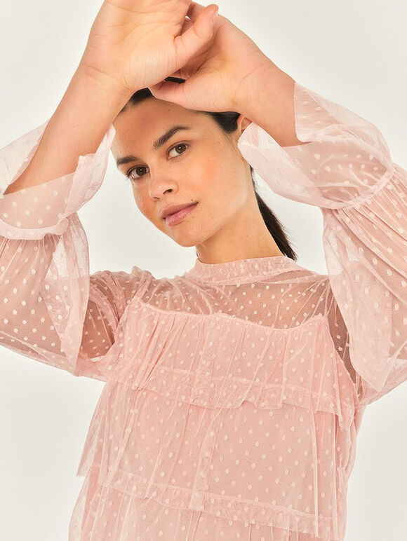 Dobby Mesh Layer Tier Top, Pink, large